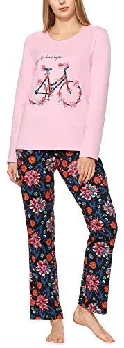 Merry Style Damen Schlafanzug MS10-169 - Licht Rosa mit Blumen, XL - Schlafanzug für Damen aus hochwertiger Baumwolle; ideal zum Entspannen und Schlafen, mit bequemem Gummi-Bund und schönem Aufdruck.