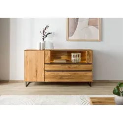 Sideboard Wildeiche WIEN – 160x43x87 cm, geölt - Elegantes Design-Sideboard aus massiver Wildeiche mit Soft-Close-Funktion und Push-to-Open-Technologie. Hochwertige Rauchglaseinsätze und strukturreiche Rückwand sorgen für einen modernen Look und viel Stauraum.