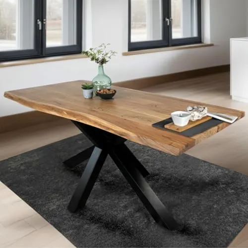 SAM Esstisch 120 x 80 cm Tim, Baumkantentisch naturfarben, Akazienholz massiv, Spider-Gestell aus Metall Schwarz