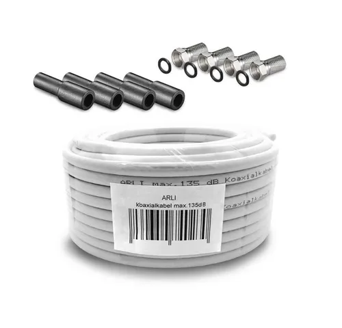 Produktbild ARLI 10m Koaxialkabel + 4x F-Stecker + 4x Gummitülle TV-Kabel, F Stecker, mit breiter Mutter und Dichtring (1000 cm), 10 m TV Sat Koax Kabel Set