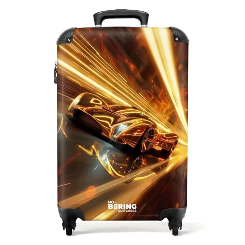 NoBoringSuitcases.com Kinderkoffer Rennwagen - Gold - Kindergepäck: Leichter Handgepäck Koffer (55x40x20 cm) mit robustem ABS-Material und Zahlenschloss für sicheren Transport auf Reisen.