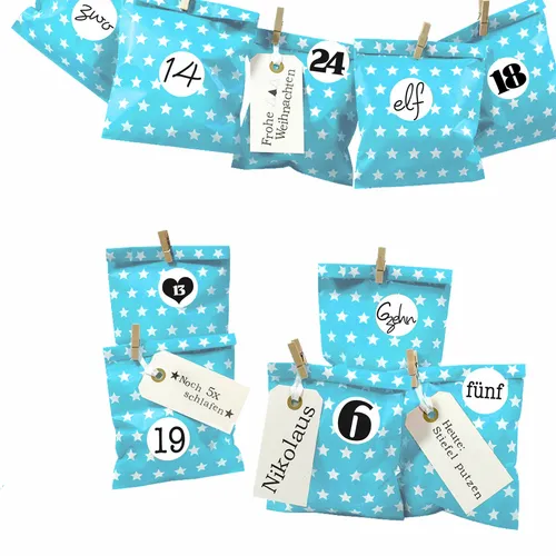 DIY Adventskalender Bescherung blau Stern Papiertueten flach Ziffern schwarz