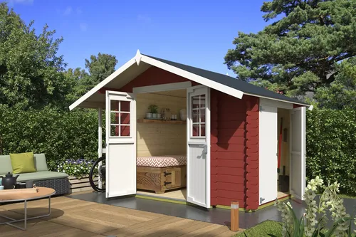 Gerätehaus Satteldach 18 mm Vilano 1 rot 350x220 cm - Gartenhaus aus 18 mm Holz mit Satteldach, abschließbar und ideal für die sichere Aufbewahrung von Gartengeräten. Praktische Doppeltür für einfachen Zugang.