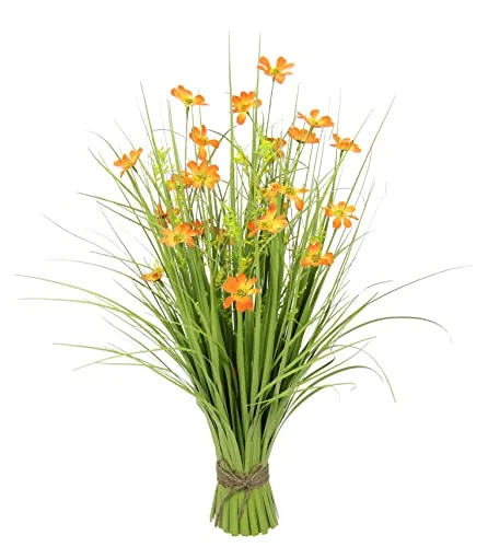 Flair Flower Kunstgras mit Cosmea Blüten - Orange, 68x32x32 cm - Künstliche Pflanzen: Hochwertig verarbeitetes Kunstgras mit authentischen Blüten, ideal für jeden Raum und pflegeleicht - bleibt das ganze Jahr über schön.