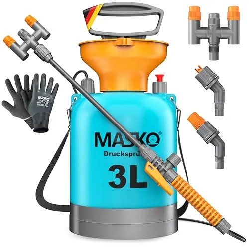 MASKO® Drucksprüher säurebeständiges Drucksprühgerät 3L Füllinhalt mit verstellbaren Düsen & 1,3m Schlauch | Sprühgerät für Pflanzenschutz, Garten & Auto | Pumpsprühflasche inkl Tragegurt & Handschuhe