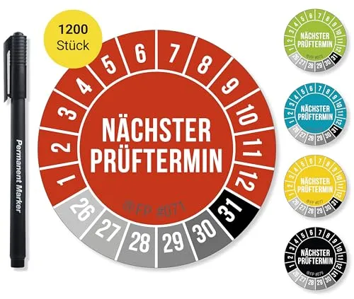 Nächster Prüftermin Prüfplaketten 2026–2031 – selbstklebend, UV-beständig, inkl. Folienstift, Ø 20 mm, Farbe: Rot