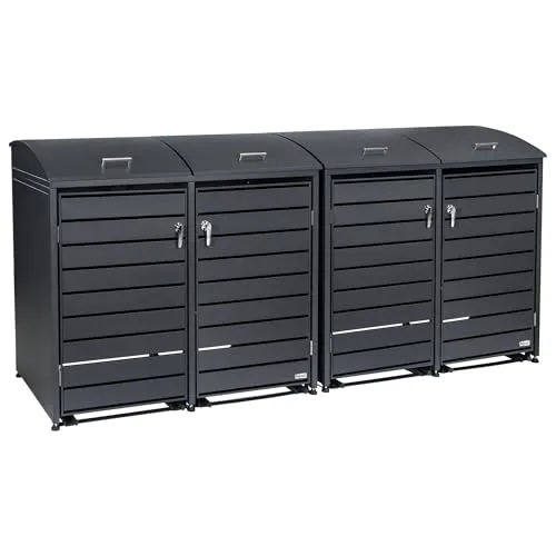Zelsius Mülltonnenbox 4 Tonnen mit abgerundetem Deckel - Mülltonnenbox für 2 x 120-240 Liter, aus verzinktem Stahl, robust und langlebig. Praktische Gasdruckfeder für müheloses Öffnen und Soft-Close-Effekt für leises Schließen.