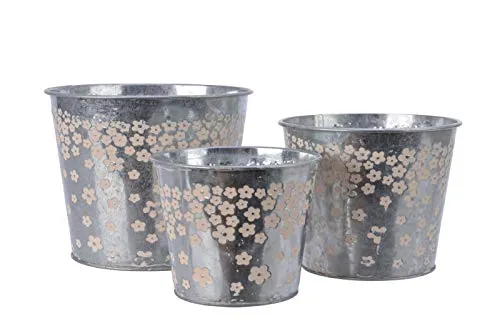 Kaemingk Topf Blumentopf Pflanztopf Übertopf Zinktopf rund mit rosa Blüten 3er Set