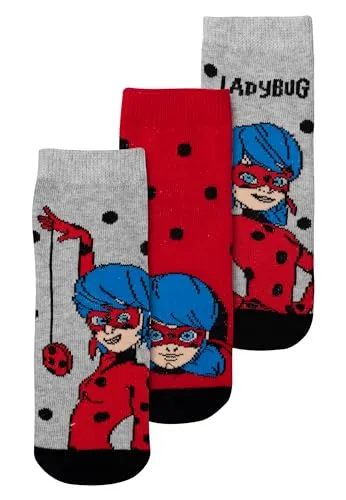 United Labels Miraculous Socken für Mädchen - Ladybug Kinder Sneaker Kindersocken Söckchen Rot Grau (3er Pack) (DE/NL/SE/PL, Numerisch, 31, 34, Regular, Rot/Grau)