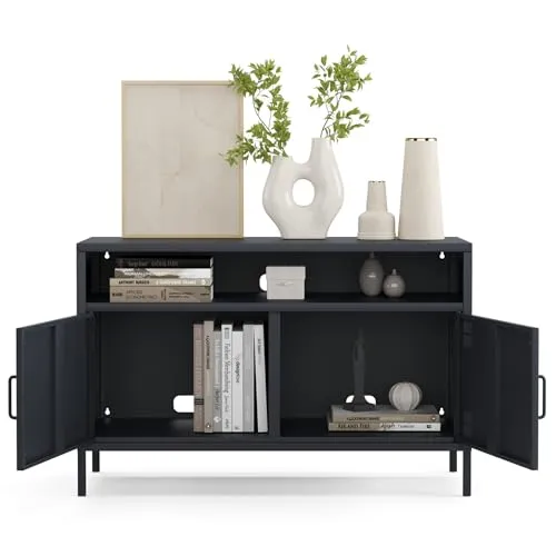 furni24 Metall TV-Schrank – Retro TV Lowboard – Möbel mit Türen und verstellbaren Ablagen – Robuste und stilvolle Aufbewahrungslösung für das Wohnzimmer- mit 4 Regalen, Anthrazit