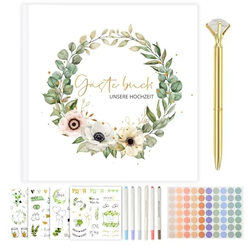 Gästebuch für Hochzeit, 120 Seiten, mit Aufklebern und Metallmarker, personalisierbar, grün