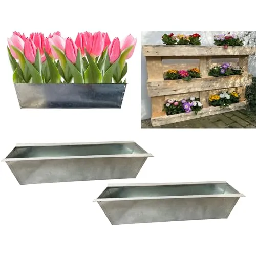 Hossi's Wholesale 2er Set Zink Paletten Blumenkästen - Einsatz 38cm groß Silber - aus Metall verzinkt - Zinkkasten Pflanzkasten Balkonkasten Blumentopf für Europaletten