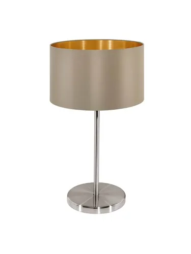 MASERLO Tischleuchte in Taupe und Gold - Moderne Tischleuchte mit nickel-mattem Metallfuß und taupefarbenem Textil-Lampenschirm. Ideal für minimalistisches Wohnen und stimmungsvolle Beleuchtung in jedem Raum.