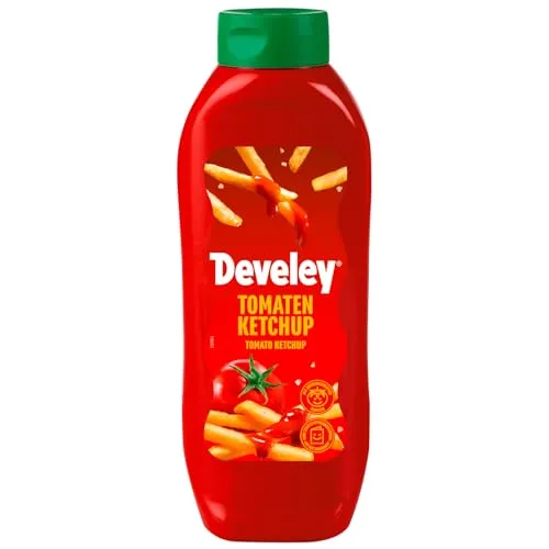 Develey Tomaten Ketchup – 1 x 875 ml Flasche – Fruchtiger Ketchup aus sonnengereiften Tomaten – Original Rezeptur von 1972 – Vegan – Perfekt zu Pommes, Burger, Grillgerichten & Hotdogs