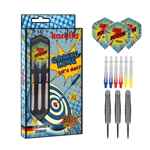 Karella Comic Line CL-4 Steeldart 23g - Hochwertige 80% Tungsten Darts - Pfeile für Steeldart mit 23g und 80% Tungsten, ideal für Präzision und Spielkomfort. Das farbenfrohe Design bringt Spaß ins Spiel!