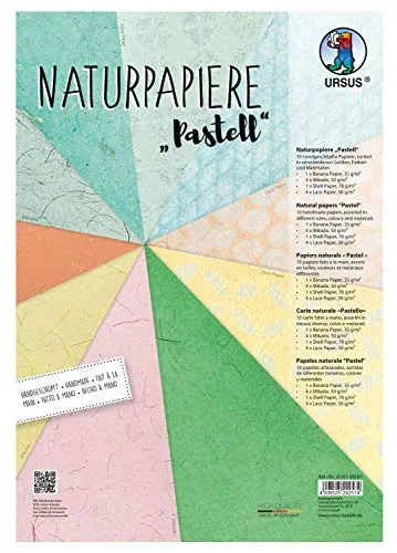 Ursus 61610001 - Naturpapiere Pastell, 10 Blatt, in verschiedenen Größen, Farben und Qualitäten, mit Bananenpapier, Muschelpapier, Mikado und Lace Paper, für kreative Bastelarbeiten, bunt