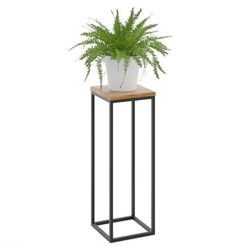 LAMO Manufaktur Blumenständer Metall Schwarz | Pflanzenständer Holz mit Dunkel Farbe | Blumenhocker hoch 70 cm für Zimmerpflanzen | 100% Echtholz | Sockel für Wohnzimmer Dekoration