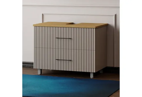 Karen Waschbeckenunterschrank Liana – Moderner Stehender Waschtischunterschrank - Der Liana Waschbeckenunterschrank kombiniert elegantes Design in pastellgrau mit praktischer Funktionalität. Ideal für jedes Badezimmer, bietet er zwei geräumige Schubladen und einen Siphonausschnitt für eine aufgeräumte Optik.