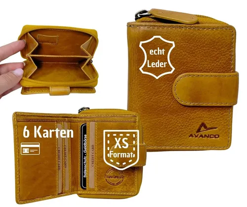 GlücksNugget Damen Geldbörse aus Leder in Senfgelb – Stilvolle kleine Geldbörse mit Kartenfächern