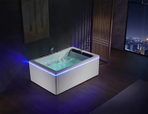 Whirlpool Eckbadewanne für 2 Personen mit Massagedüsen - Moderne Eckbadewanne aus Acryl mit integrierten Massagedüsen und Nackenstütze. Ideal für entspannende Wellnessmomente zu Hause. Maße: 185 x 125 x 65 cm, freistehend und stilvoll.