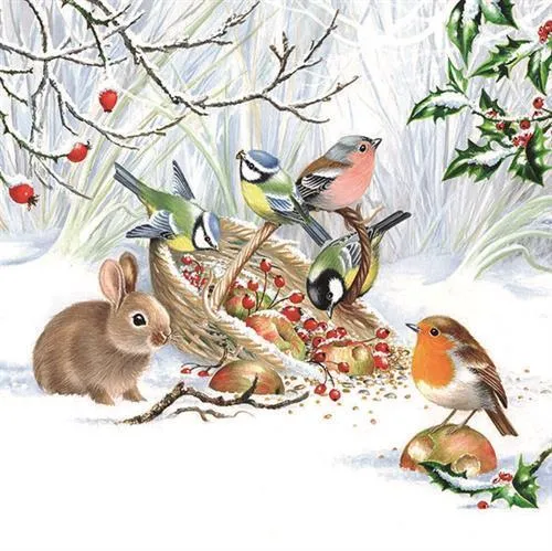 Servietten Winter Treat Tiere Hase Vögel Futter Weihnachten Tischdeko33x33cm 20