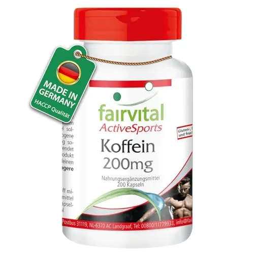fairvital Koffein Kapseln, 200 hochdosierte Kapseln mit 200mg pro Kapsel, schluckfreundlich, VEGAN
