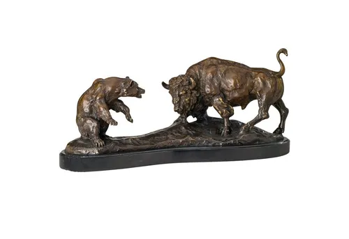 Aubaho Dekoobjekt Bronze Bulle Bär und Stier Bison 50cm - Elegante Bronzeskulptur auf Steinplinthe, ideal für stilvolle Dekoration. Bringt einen Hauch von Antik in Ihr Zuhause.
