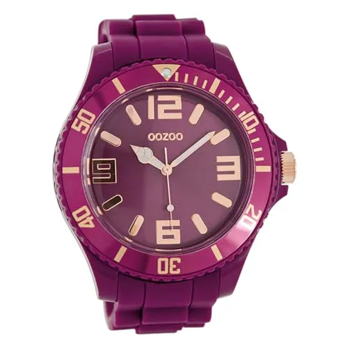 Oozoo C5025 Herrenuhr mit Silikonarmband - Moderne Armbanduhr mit auberginefarbenem Zifferblatt und rosefarbenen Akzenten, spritzwassergeschützt und ideal für den Alltag.