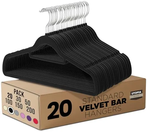 Utopia Home - Antirutsch-Kleiderbügel aus Samt - rutschfeste und strapazierfähige Kleiderbügel aus Samt mit Krawattenhalter - Stark genug, Jacken und Pullover zu halten (Schwarz, 20er-Pack)