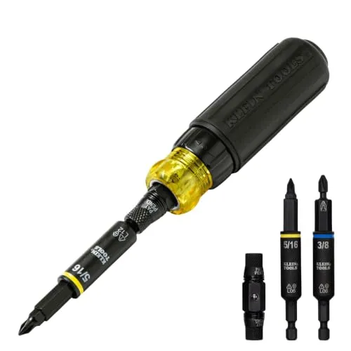 Klein Tools 32500HDRT KNECT Ratschen-Schraubendreher, Schraubendreher mit mehreren Bits/Steckschlüssel, Schlagfestes 11-in-1-Werkzeug mit Kreuzschlitz-, Schlitz-, Vierkant- und Torx-Bits