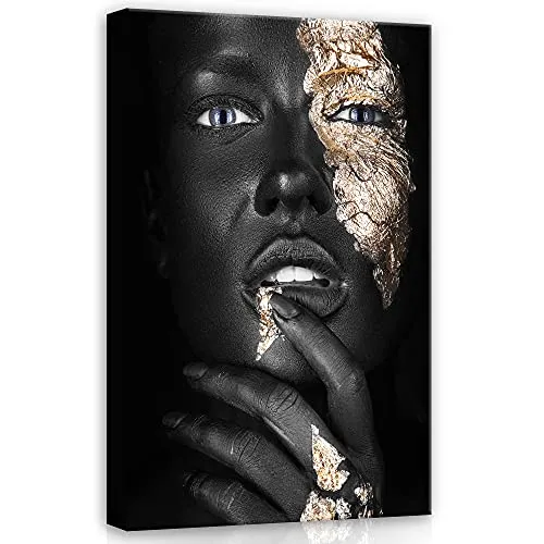 WallArena - Leinwand Bilder - Frau Schwarz Gold Goldene Lippen - 60x40 cm Leinwandbilder - Bild auf leinwand - Wandbild XXL groß Wandbilder für Wohnzimmer Schlafzimmer Wohnzimmerbilder Modern