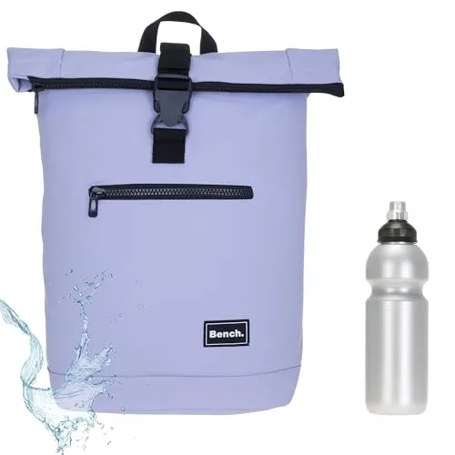 Rucksack Kurierrucksack Bench Hydro Plane Roll-Top backpack Laptoprucksack A4 wetterfest Damen Herren 64175 + Trinkflasche (Flieder Pastell 1800)
