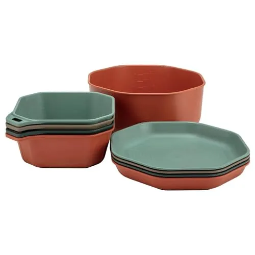 Gerber COMPLEAT TABLEWARE SET, 9-teilig, Camping-Geschirr, 4 Teller, 4 Schüsseln, 1 Liter, Vierfarbig, Baltic Haze, Dark Baltic Haze, Burnt Orange, Coyote Brown