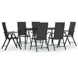 vidaXL 7-tlg. Garten-Essgruppe Schwarz Poly Rattan - Gartenmöbel-Set mit wetterfestem PE-Rattan und pulverbeschichtetem Stahlrahmen. Verstellbare Rückenlehnen in 7 Positionen für maximalen Komfort und klappbare Stühle für platzsparende Aufbewahrung.