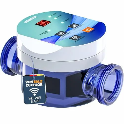 poolomio® Chlorinator für Pools bis 35 m³ - Chlor Generator für chemiefreie Pooldesinfektion, mit smarter App-Steuerung und anpassbaren Betriebszeiten für optimale Wasserqualität.