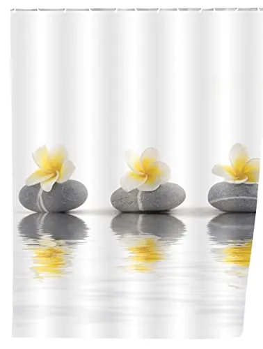WENKO Duschvorhang Stones with Flower, Textil-Vorhang fürs Badezimmer, mit Ringen zur Befestigung an der Duschstange, waschbar, wasserabweisend, 180 x 200 cm