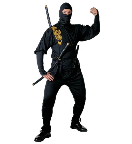 Ninja Coat Hose Rock Maske Set Kostüm Verkleidung Karneval schwarz Größe M