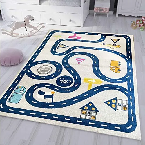 Spielteppich Kinderteppich Straße Auto Verkehr | Teppich für Kinderzimmer | Verschiedene Farbvarianten, Farbe:Blue, Maße:120x170 cm