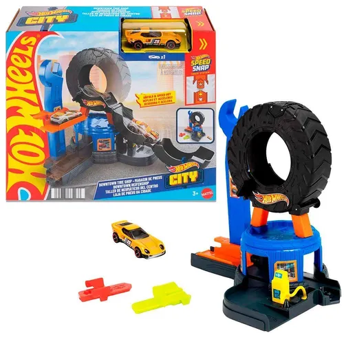 Hot Wheels City Downtown Reifenwerkstatt Spielset mit Spielzeugauto im Maßstab 1:64, mit dem Track-Schnellstecksystem kompatibel, Fahrzeug- & Schienen-Set, 3 Jahr(e), Kunststoff, Mehrfarbig