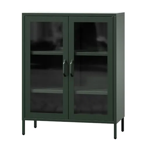 Jan Nowak Vitrinenschrank GINA - 2-türig, mit Glas und verstellbaren Ablagen, Flaschengrün - Die stilvolle Vitrine GINA bringt Farbe in Ihr Wohnzimmer. Mit gehärtetem Glas, praktischen Einlegeböden und einem eleganten Design ist sie ideal für die Präsentation Ihrer Schätze und bietet gleichzeitig Schutz vor Staub.