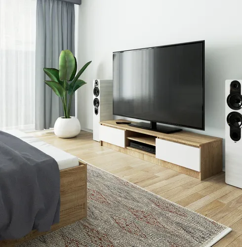 Raumhirsch Lowboard, Weiß, Sonoma Eiche, 160x33x40 cm - Modernes TV-Lowboard für stilvolle Wohnzimmergestaltung. Mit zwei offenen Fächern und Soft-Close-Türen bietet es viel Stauraum und eine ordentliche Kabelführung. Ideal für Fernseher bis 65 Zoll und kratzfest für lange Haltbarkeit.