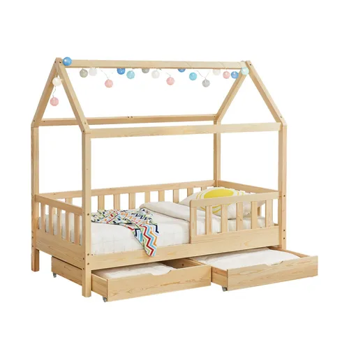 Juskys Kinderbett Marli_STR_OS mit Bettkasten, 200 x 90 cm - Skandinavisches Kinderzimmermöbel mit modernem Hausdesign, großer Liegefläche und praktischem Bettkasten für zusätzlichen Stauraum. Sicherheit durch Rausfallschutz, ideal für Kinder von 3 bis 10 Jahren.