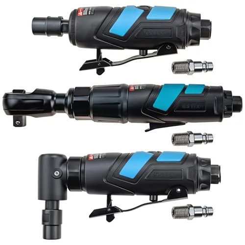Druckluft Werkzeug Satz: Stabschleifer, Winkelschleifer & Ratschenschrauber - Schleifmaschinen Set für präzises Schleifen, Entgraten, Fräsen und Gravieren, inklusive ergonomischem Ratschenschrauber für optimale Handhabung.