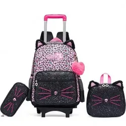 Schulranzen Trolley Set Mädchen Schwarz Rosa Katzen 42x30x20cm