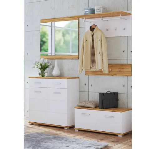 Lomadox Garderoben-Set HUESCA-129 - Garderoben-Set in elegantem Weiß Hochglanz mit Wotan Eiche, ideal für einen stilvollen Flur. Praktische Aufbewahrungslösungen und modernes Design vereinen sich für einen ordentlichen Eingangsbereich.