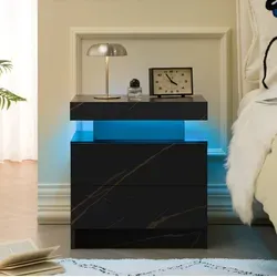 Nachttisch Modern Aus Holzwerkstoff In Schwarz-gold Mit 2 Schubladen, Offenem Fach Und Verstellbarer Led-beleuchtung