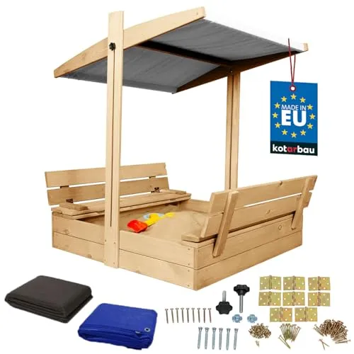 KOTARBAU® Sandkasten mit Abdeckung 100 x 100 cm Großer Naturfarbe Holzsandkasten mit Grau Dach Sandkasten mit Deckel Sandkasten mit Dach Gartenspielzeug Kinder imprägniert verschließbar mit Bänken