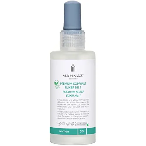 MAHNAZ® Premium Kopfhaut Elixier Nr.1 für Frauen - Veganes Haarserum zur Vorbeugung von Haarausfall und Anregung des Haarwachstums, ideal für hormonell bedingte Veränderungen wie Schwangerschaft oder Menopause.