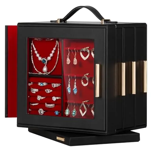 Seelux Schmuckkästchen 360° drehbar, Schmuck Organizer mit transparentem Fenster, Spiegel, 15 Schubladen, großes Schmuckaufbewahrungsetui für Mädchen und Frauen (Schwarz + Rot)