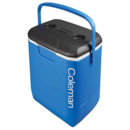Coleman 30QT Performance Cooler Tricolor Blue/Grey - Kühlbox mit 28 Litern Kapazität, hält Eis bis zu 2 Tage und bietet integrierte Getränkehalter – ideal für Camping, Grillpartys oder Ausflüge.